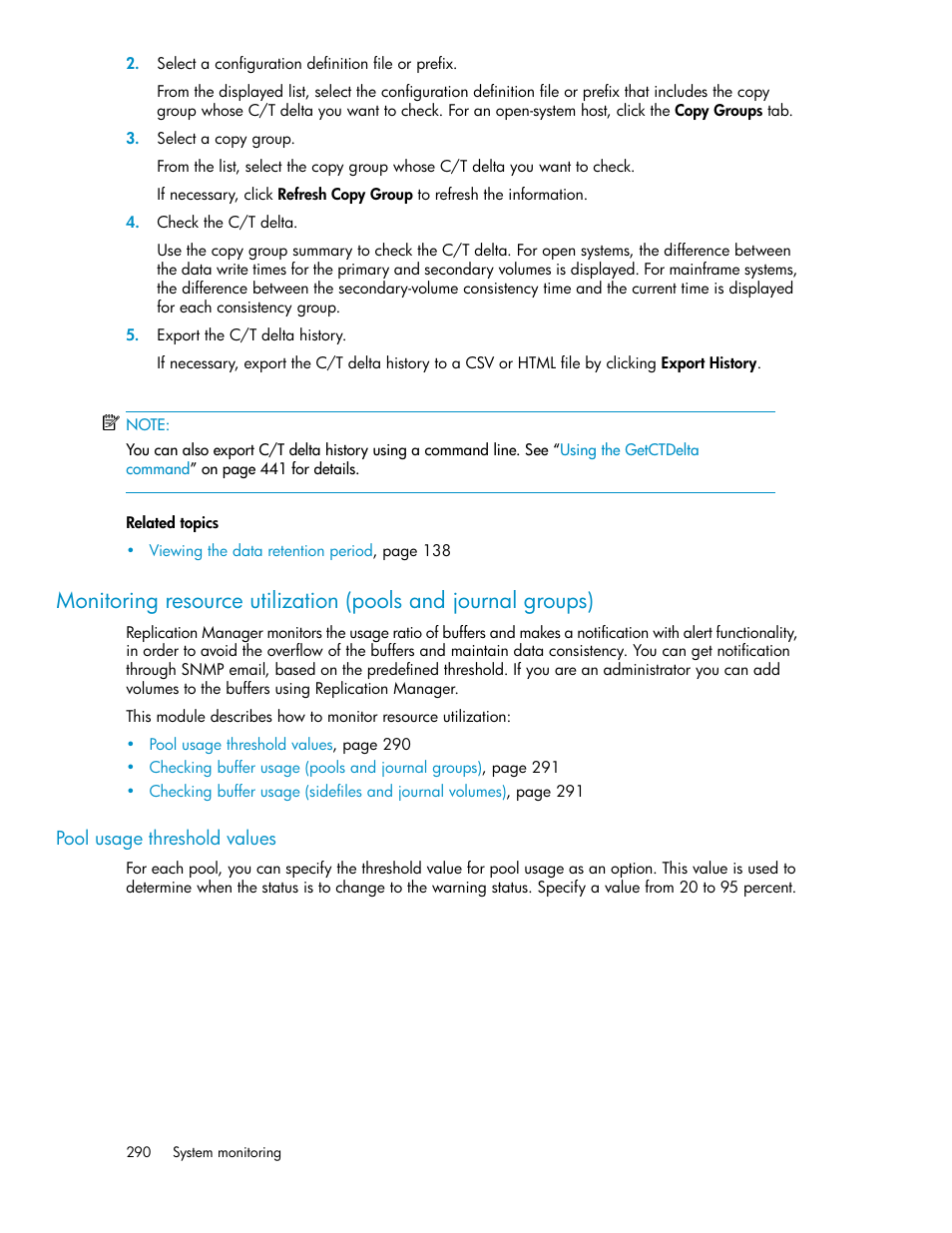 Pool usage threshold values | HP XP Command View Advanced Edition Software User Manual | Page 290 / 488