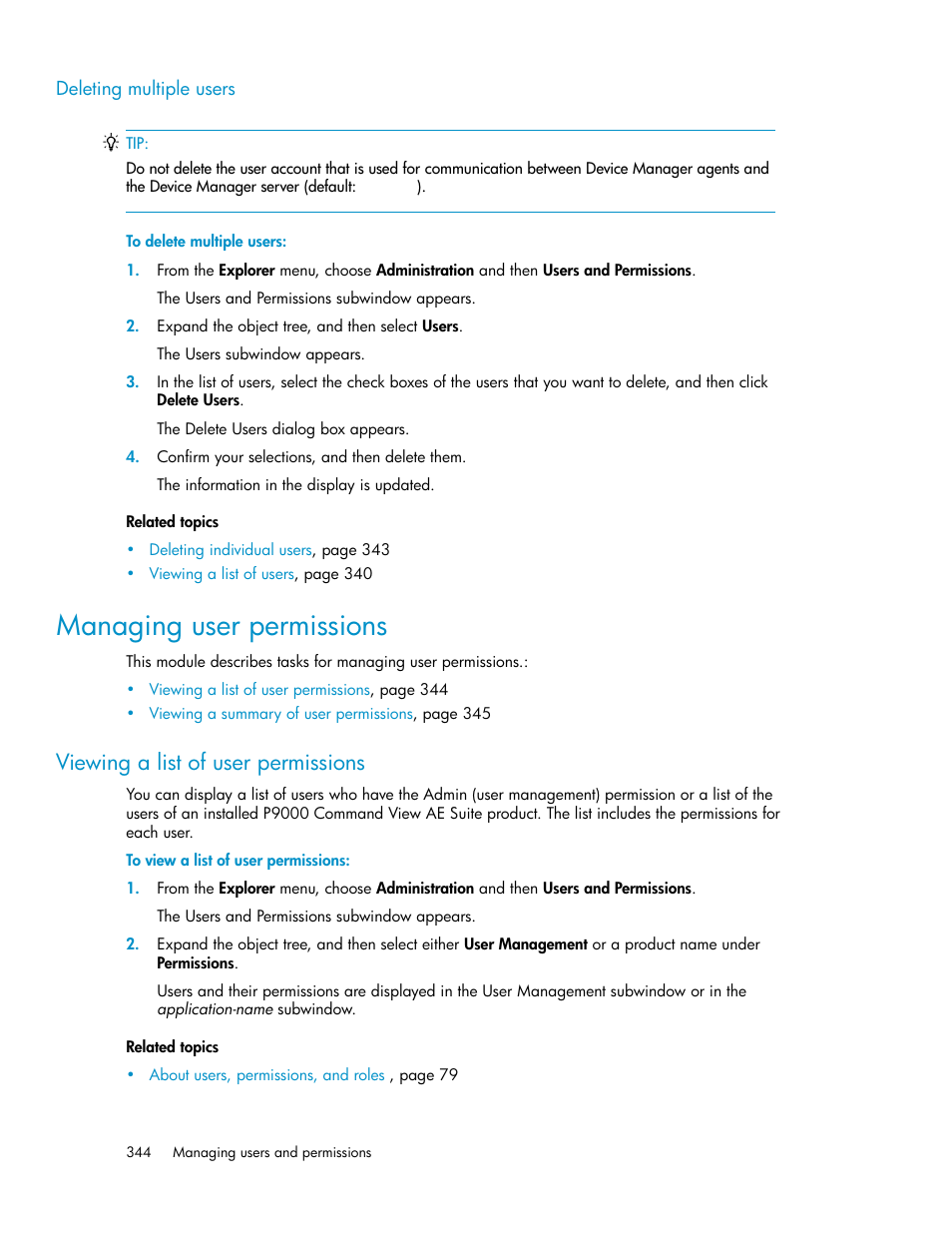 Deleting multiple users, Managing user permissions, Viewing a list of user permissions | HP XP Command View Advanced Edition Software User Manual | Page 344 / 488