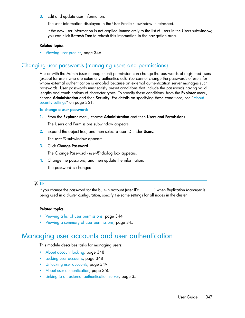 Managing user accounts and user authentication | HP XP Command View Advanced Edition Software User Manual | Page 347 / 488