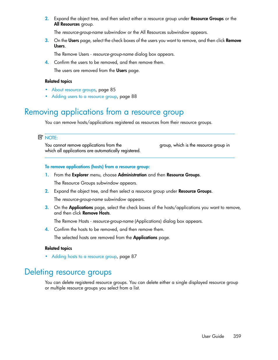 Removing applications from a resource group, Deleting resource groups, 359 deleting resource groups | HP XP Command View Advanced Edition Software User Manual | Page 359 / 488