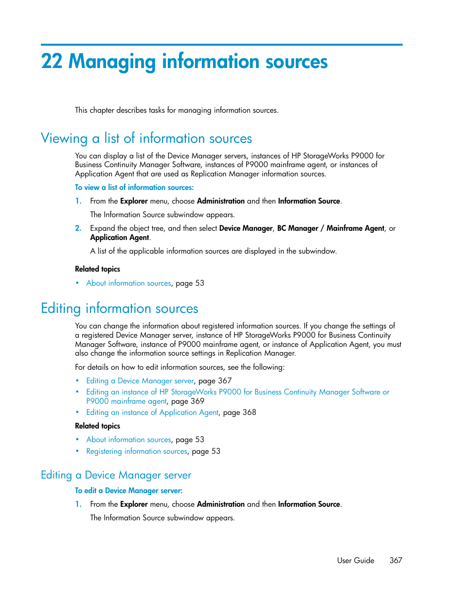 22 managing information sources, Viewing a list of information sources, Editing information sources | Editing a device manager server, 367 editing information sources | HP XP Command View Advanced Edition Software User Manual | Page 367 / 488