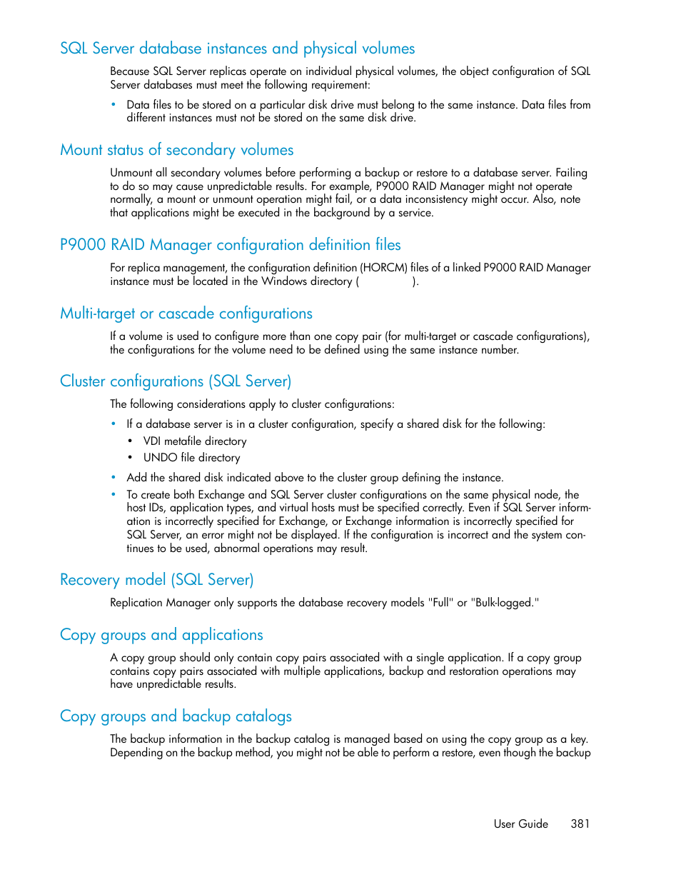 Sql server database instances and physical volumes, Mount status of secondary volumes, P9000 raid manager configuration definition files | Multi-target or cascade configurations, Cluster configurations (sql server), Recovery model (sql server), Copy groups and applications, Copy groups and backup catalogs | HP XP Command View Advanced Edition Software User Manual | Page 381 / 488