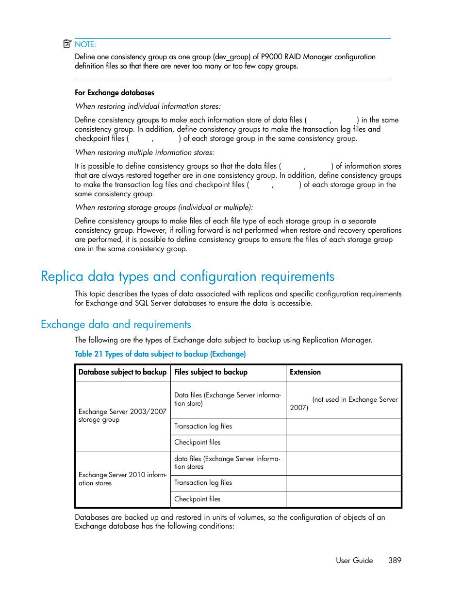 Replica data types and configuration requirements, Types of data subject to backup (exchange), Exchange data and requirements | HP XP Command View Advanced Edition Software User Manual | Page 389 / 488