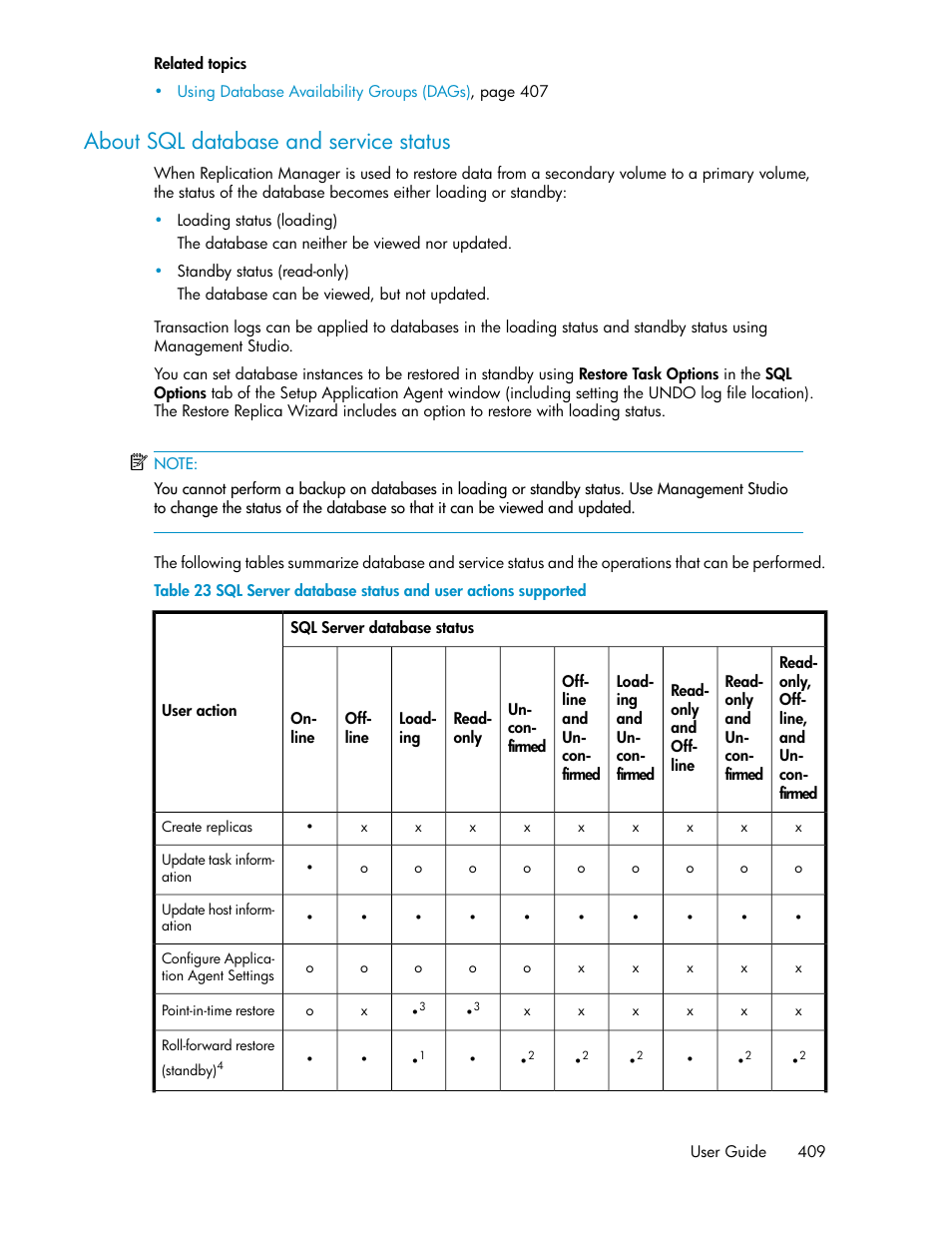 About sql database and service status | HP XP Command View Advanced Edition Software User Manual | Page 409 / 488