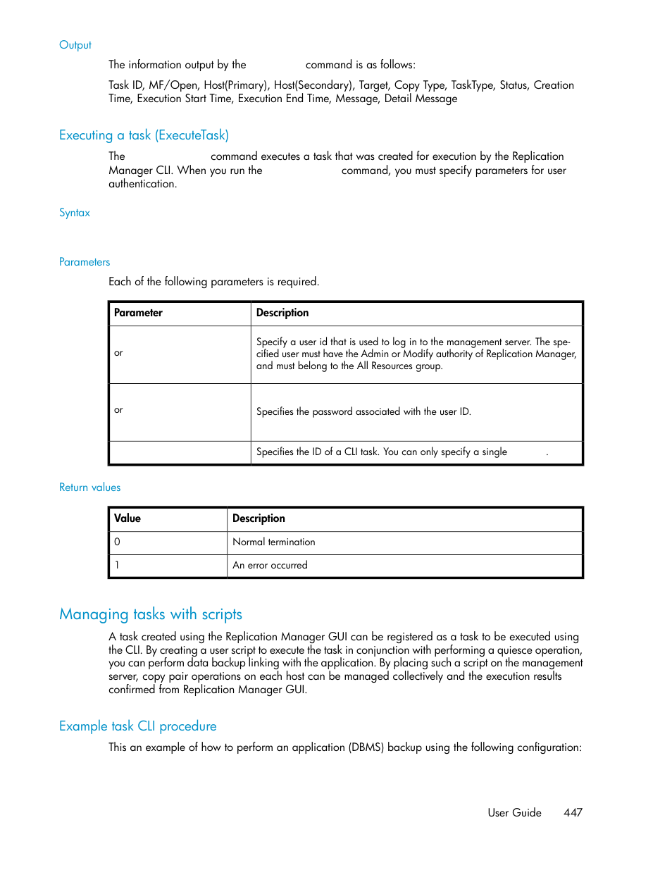 Executing a task (executetask), Managing tasks with scripts, Example task cli procedure | HP XP Command View Advanced Edition Software User Manual | Page 447 / 488