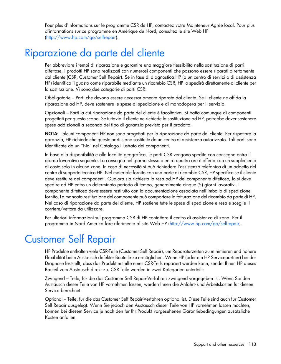 Riparazione da parte del cliente, Customer self repair | HP ProLiant DL585 G7 Server User Manual | Page 113 / 126