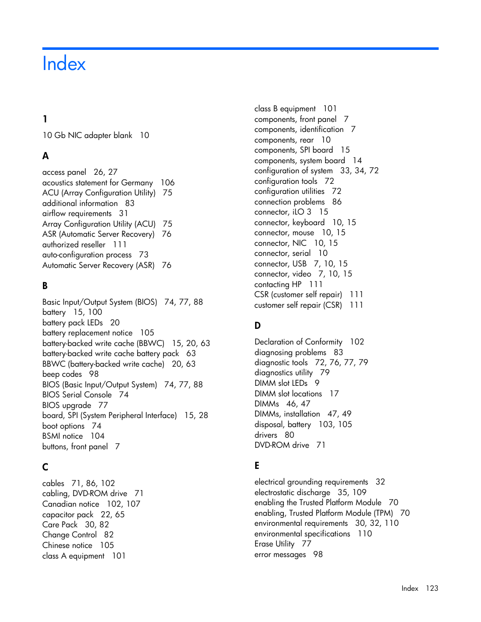 Index | HP ProLiant DL585 G7 Server User Manual | Page 123 / 126