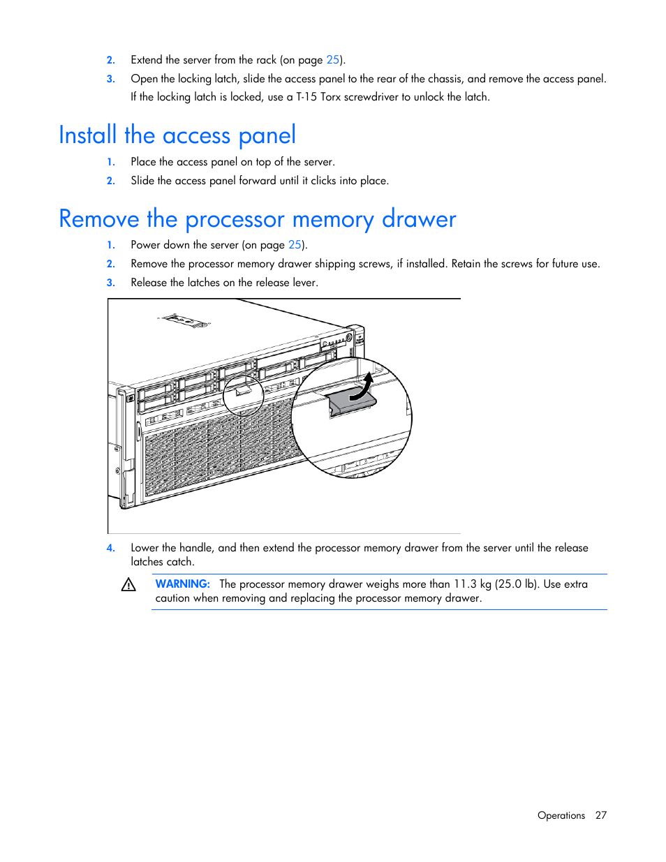 Install the access panel, Remove the processor memory drawer | HP ProLiant DL585 G7 Server User Manual | Page 27 / 126