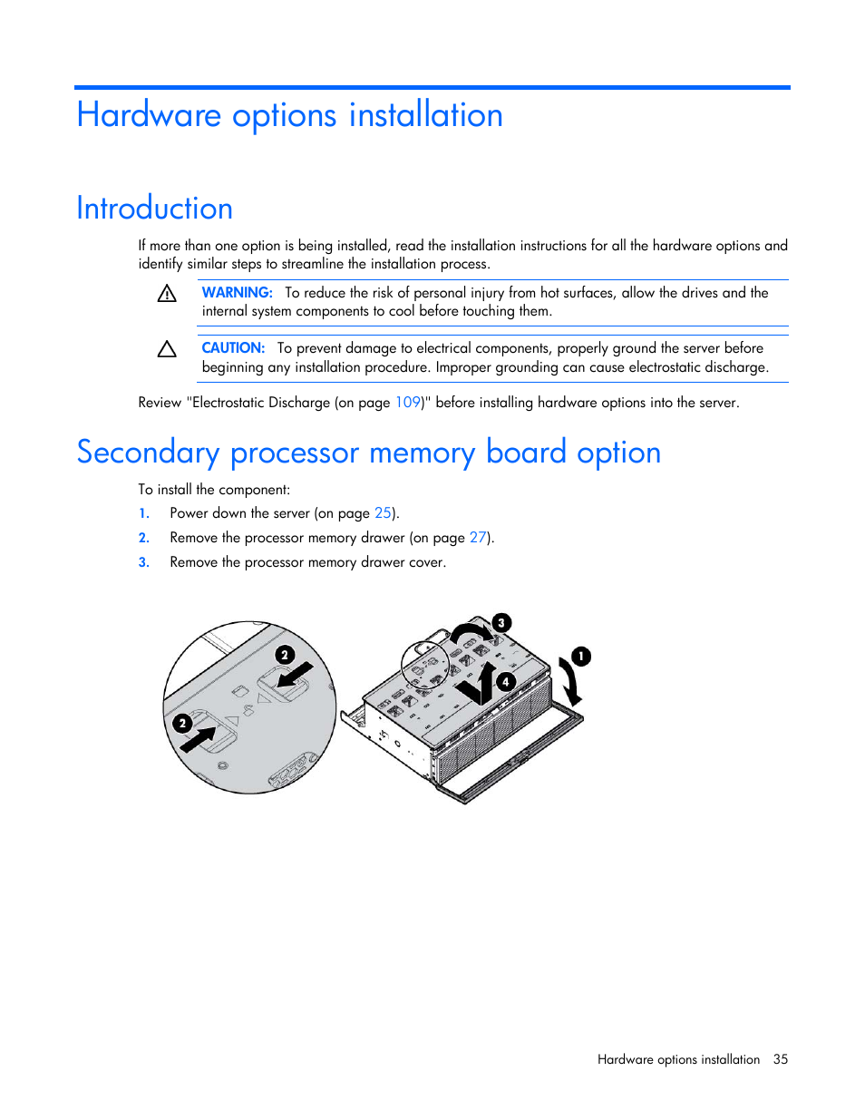 Hardware options installation, Introduction, Secondary processor memory board option | HP ProLiant DL585 G7 Server User Manual | Page 35 / 126