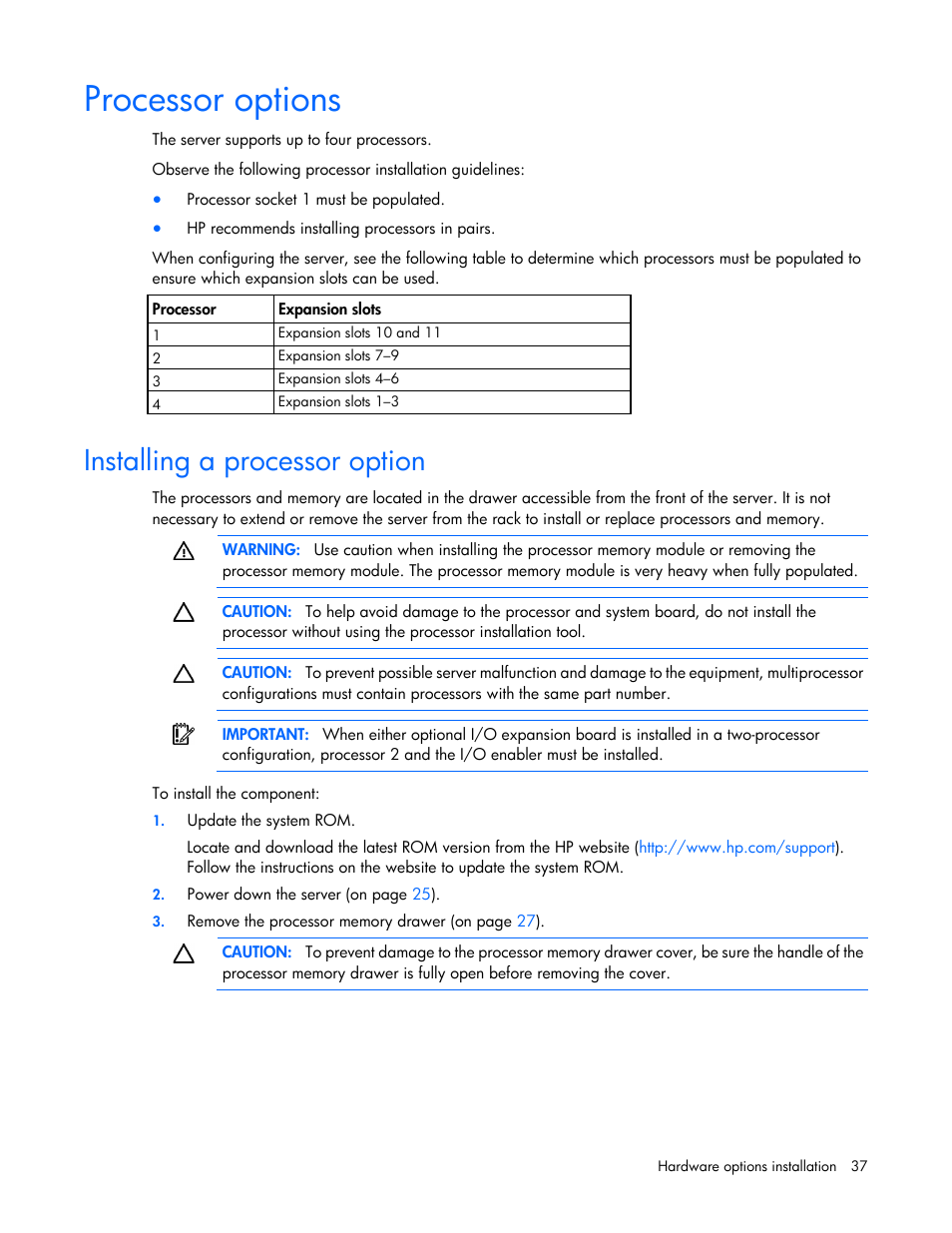 Processor options, Installing a processor option | HP ProLiant DL585 G7 Server User Manual | Page 37 / 126