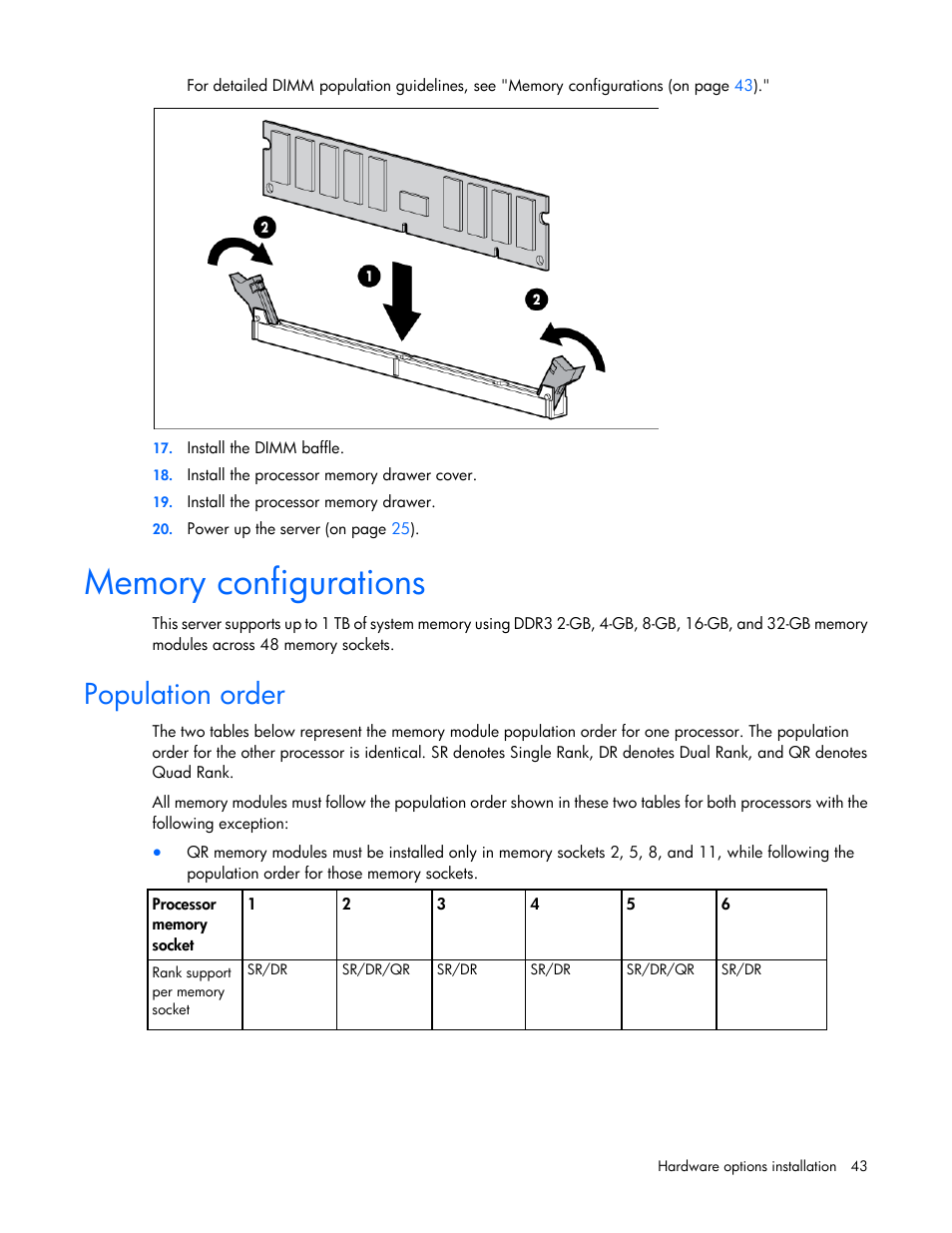Memory configurations, Population order | HP ProLiant DL585 G7 Server User Manual | Page 43 / 126