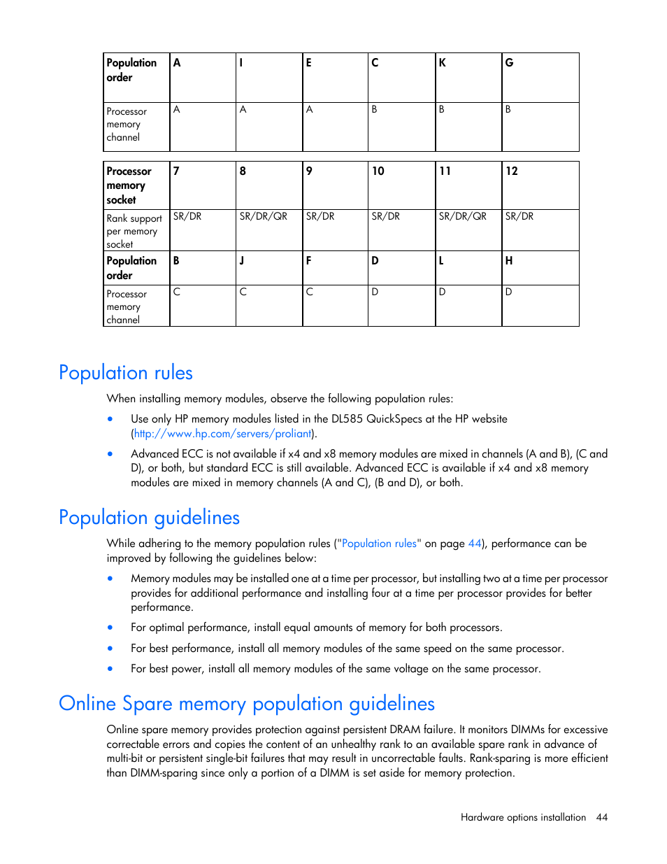 Population rules, Population guidelines, Online spare memory population guidelines | HP ProLiant DL585 G7 Server User Manual | Page 44 / 126