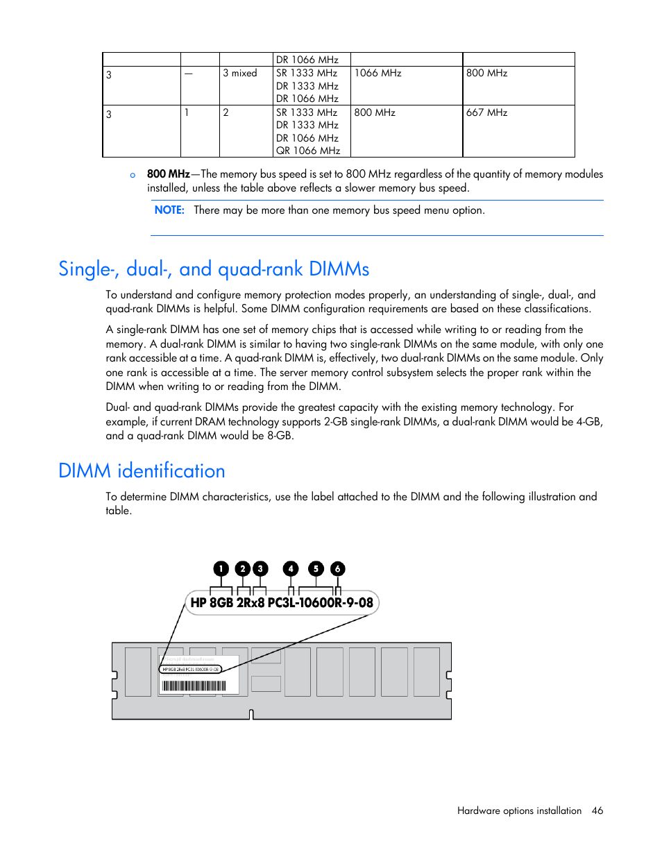 Single-, dual-, and quad-rank dimms, Dimm identification | HP ProLiant DL585 G7 Server User Manual | Page 46 / 126