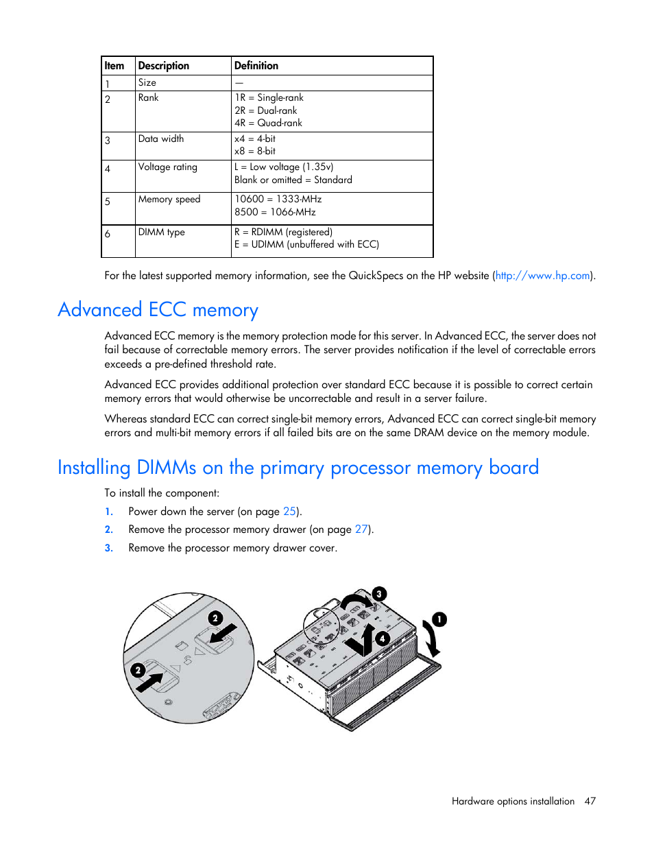 Advanced ecc memory | HP ProLiant DL585 G7 Server User Manual | Page 47 / 126