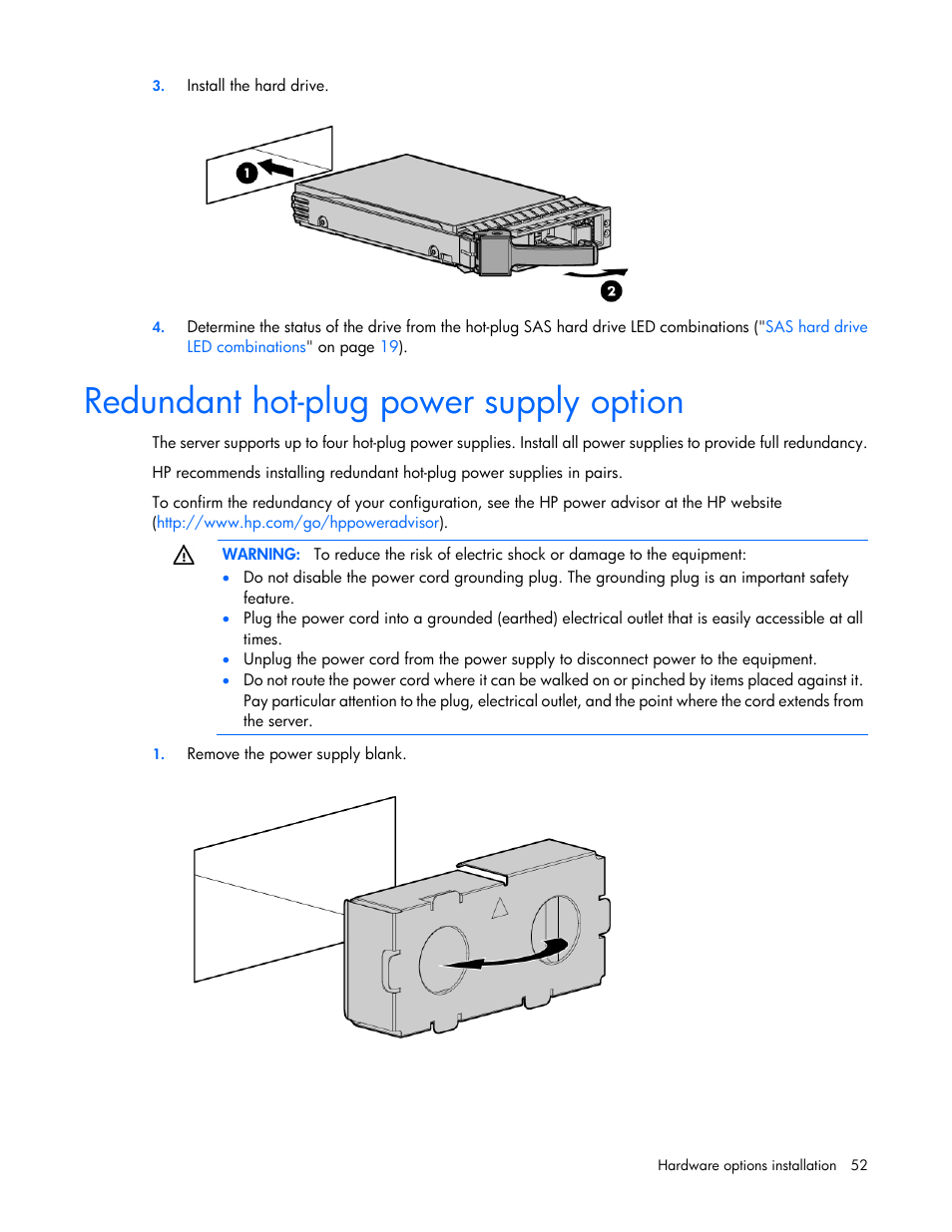 Redundant hot-plug power supply option | HP ProLiant DL585 G7 Server User Manual | Page 52 / 126