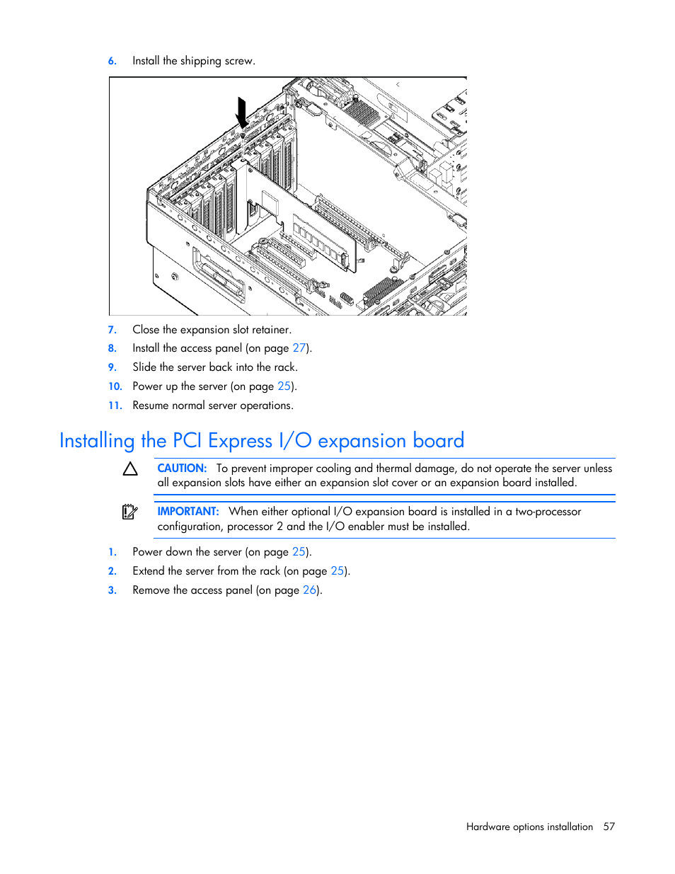 Installing the pci express i/o expansion board | HP ProLiant DL585 G7 Server User Manual | Page 57 / 126