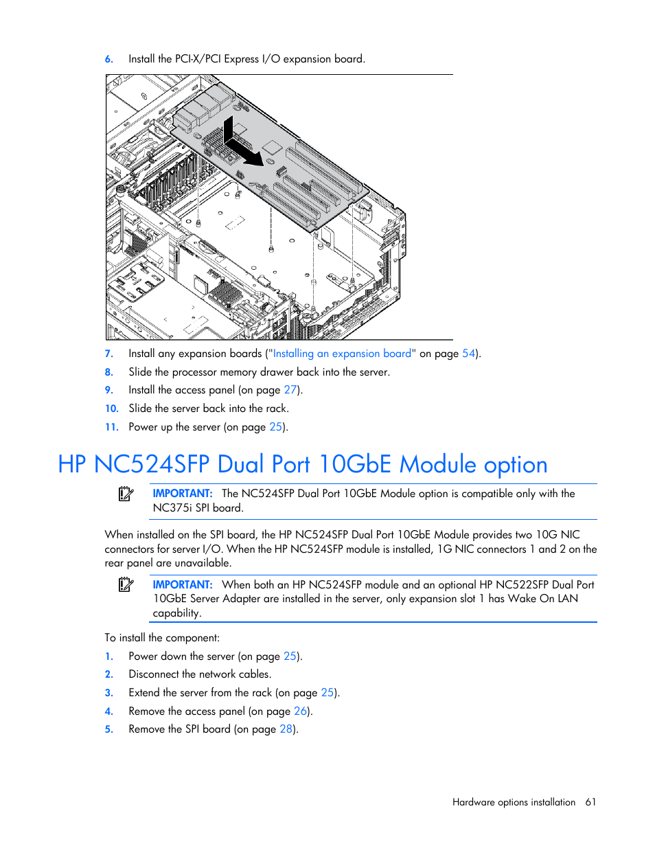 Hp nc524sfp dual port 10gbe module option | HP ProLiant DL585 G7 Server User Manual | Page 61 / 126