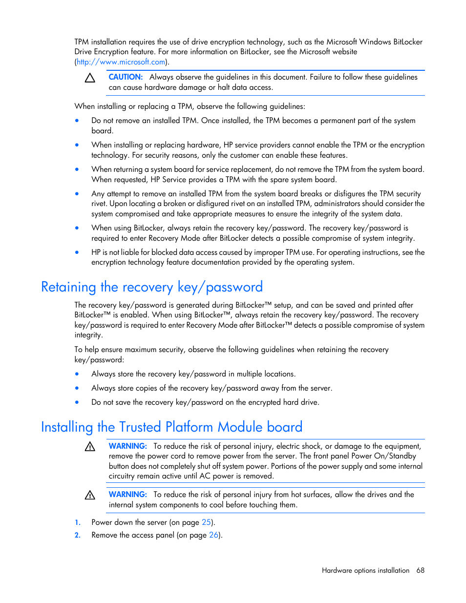 Retaining the recovery key/password, Installing the trusted platform module board | HP ProLiant DL585 G7 Server User Manual | Page 68 / 126