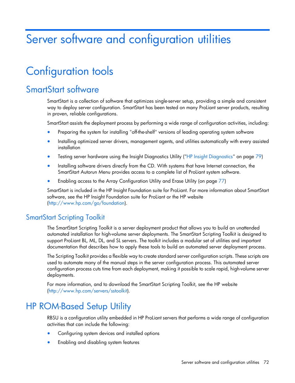 Server software and configuration utilities, Configuration tools, Smartstart software | Smartstart scripting toolkit, Hp rom-based setup utility | HP ProLiant DL585 G7 Server User Manual | Page 72 / 126