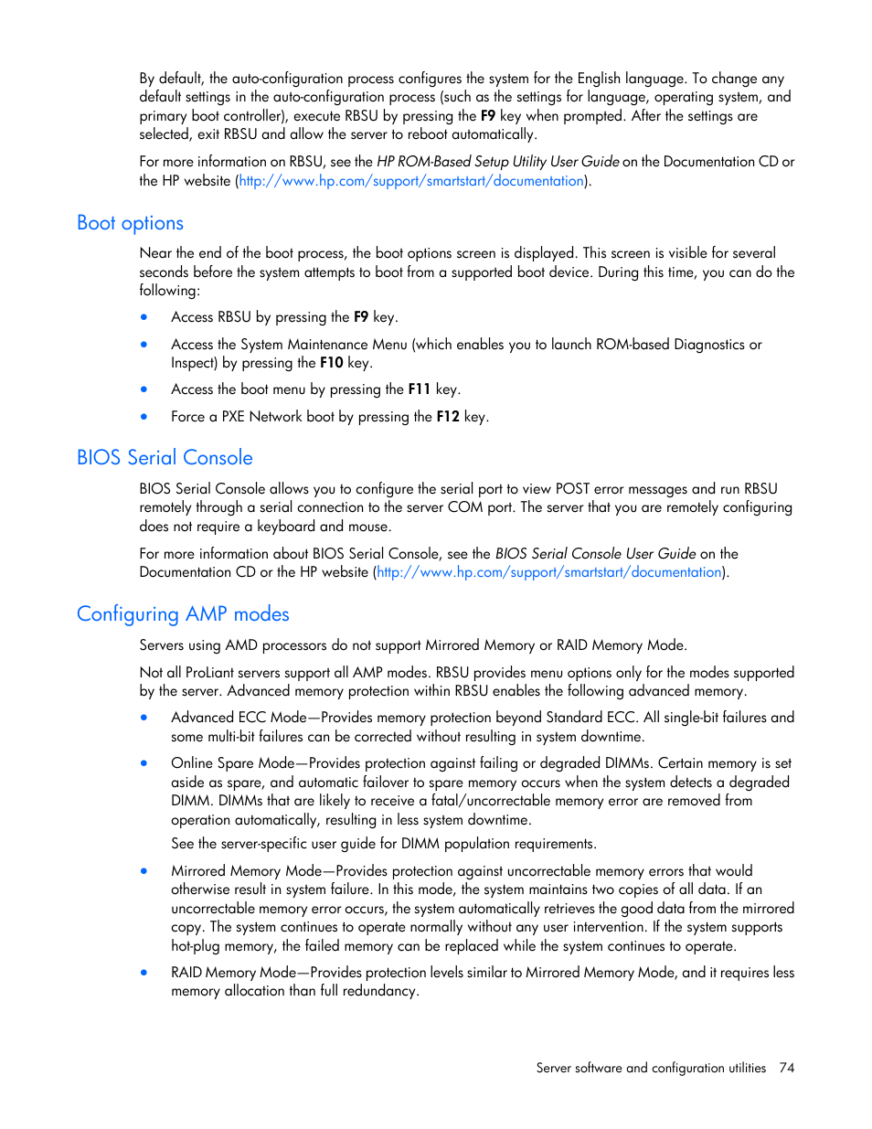 Boot options, Bios serial console, Configuring amp modes | HP ProLiant DL585 G7 Server User Manual | Page 74 / 126