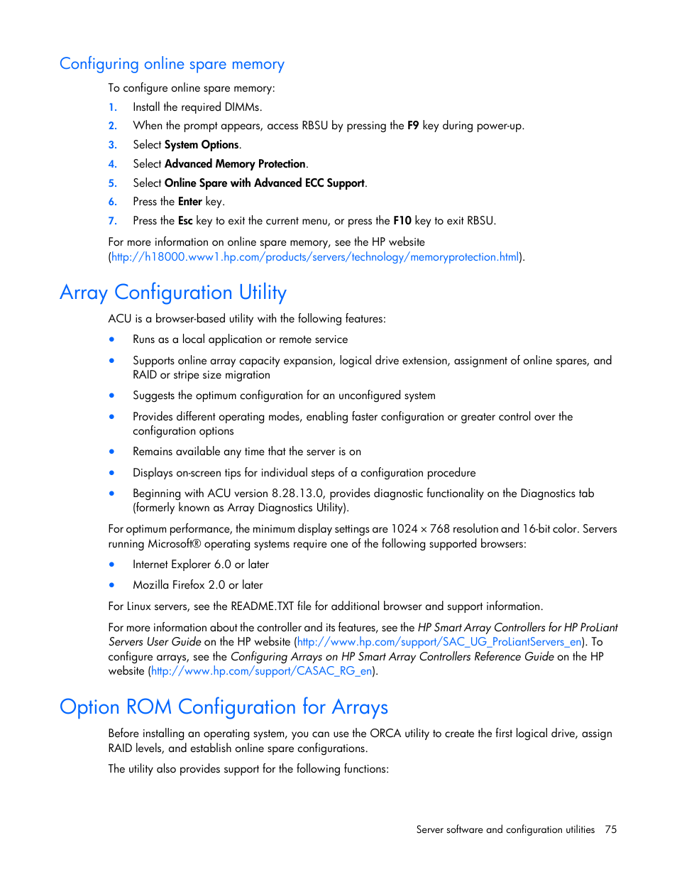 Configuring online spare memory, Array configuration utility, Option rom configuration for arrays | HP ProLiant DL585 G7 Server User Manual | Page 75 / 126