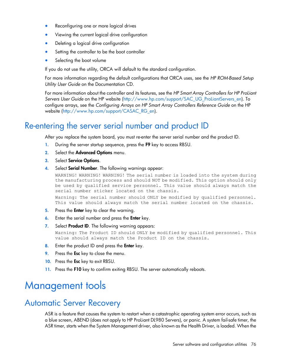 Management tools, Automatic server recovery | HP ProLiant DL585 G7 Server User Manual | Page 76 / 126