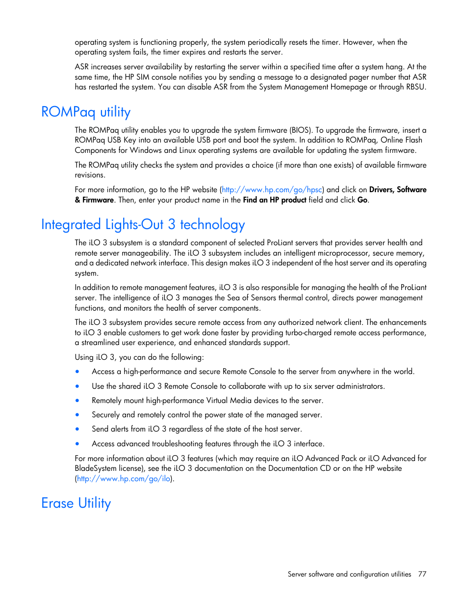 Rompaq utility, Integrated lights-out 3 technology, Erase utility | HP ProLiant DL585 G7 Server User Manual | Page 77 / 126