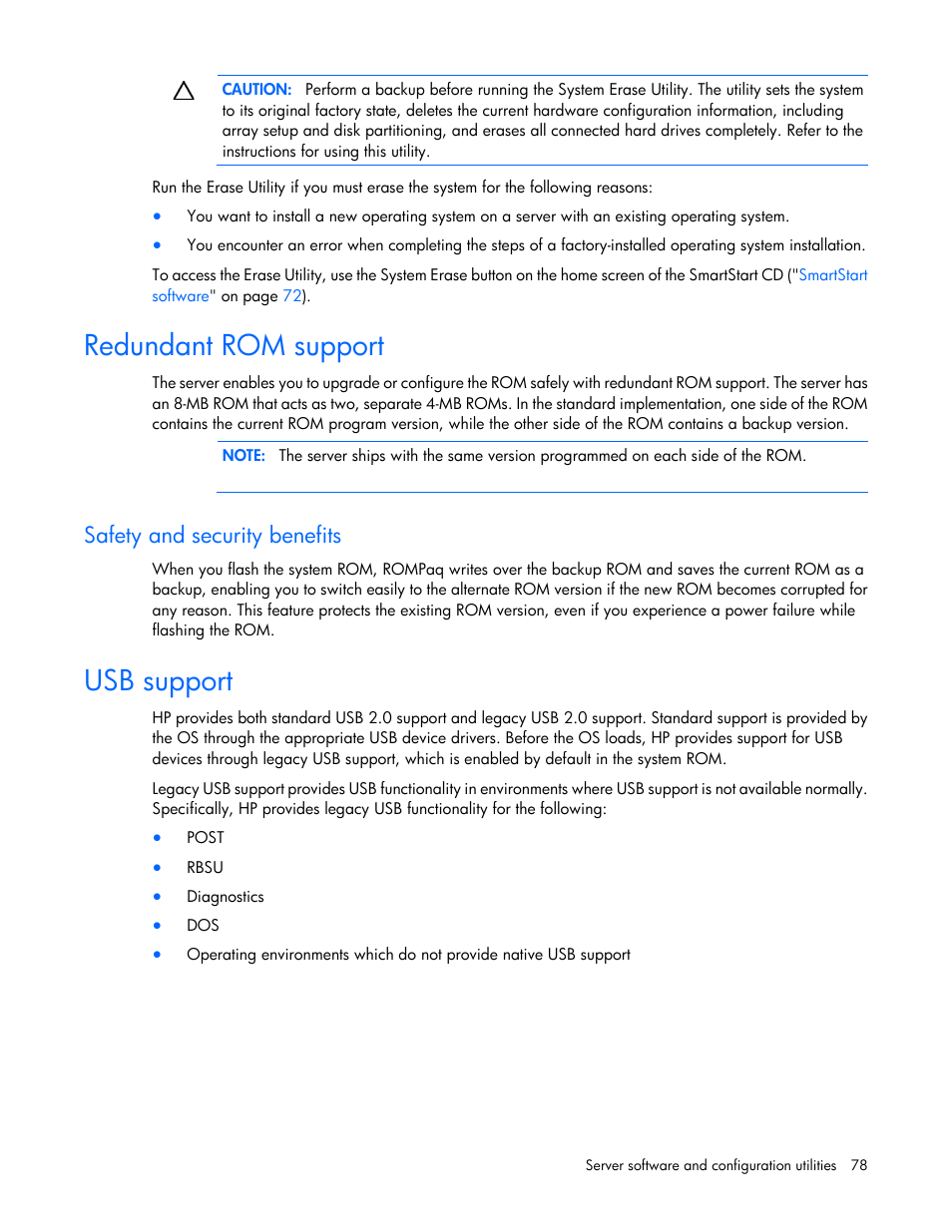 Redundant rom support, Safety and security benefits, Usb support | HP ProLiant DL585 G7 Server User Manual | Page 78 / 126