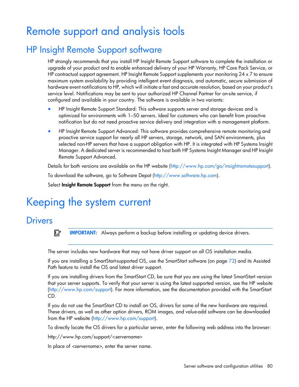 Remote support and analysis tools, Hp insight remote support software, Keeping the system current | Drivers | HP ProLiant DL585 G7 Server User Manual | Page 80 / 126