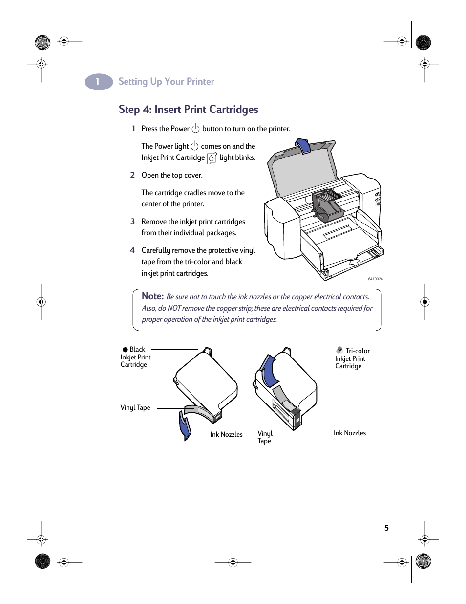 Step 4: insert print cartridges, Step: 4 insert print cartridges, Setting up your printer | HP Deskjet 832c Printer User Manual | Page 12 / 98