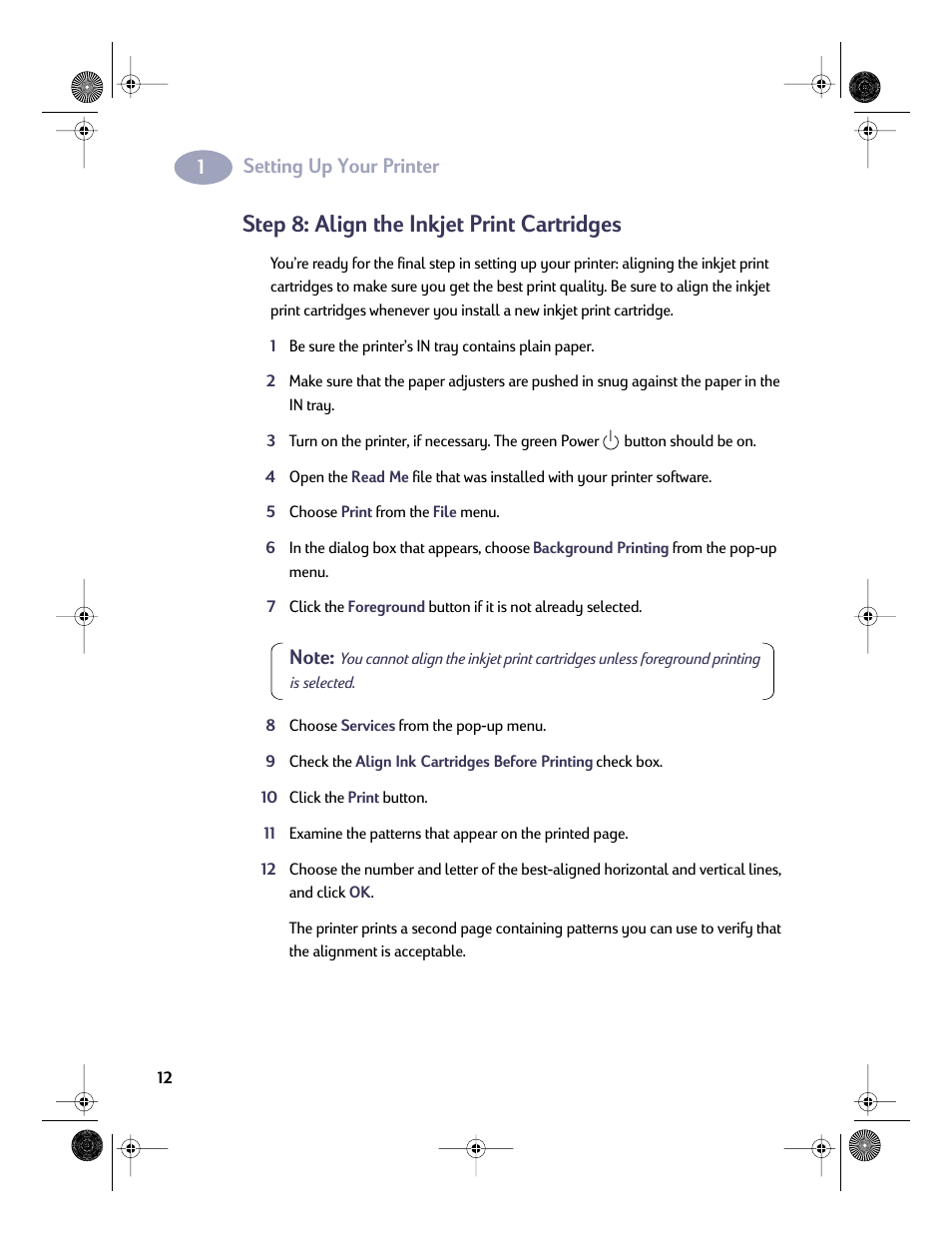 Step 8: align the inkjet print cartridges, Step: 8 align the inkjet print cartridges, Setting up your printer | HP Deskjet 832c Printer User Manual | Page 19 / 98