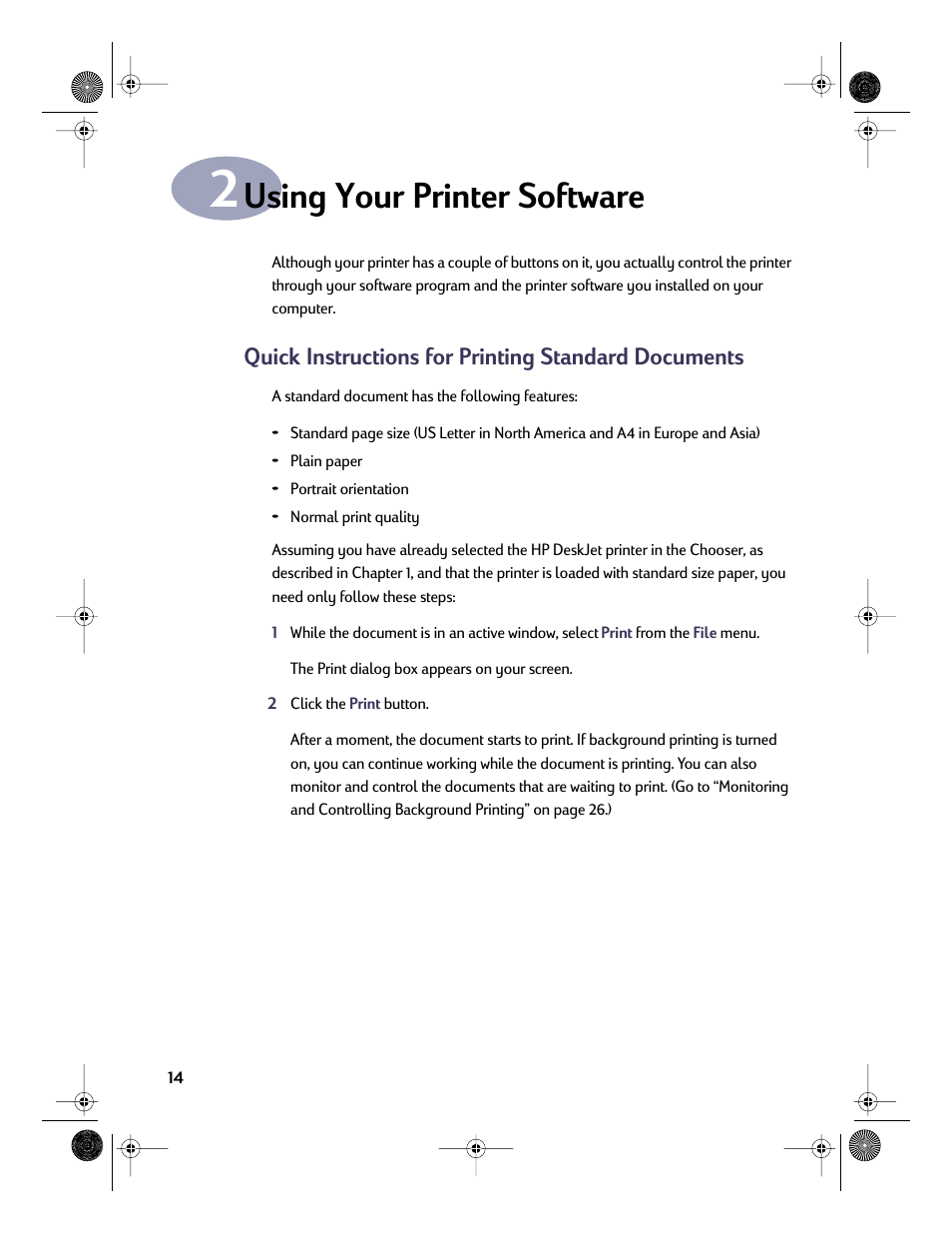 Using your printer software, Quick instructions for printing standard documents, Chapter 2 | HP Deskjet 832c Printer User Manual | Page 21 / 98