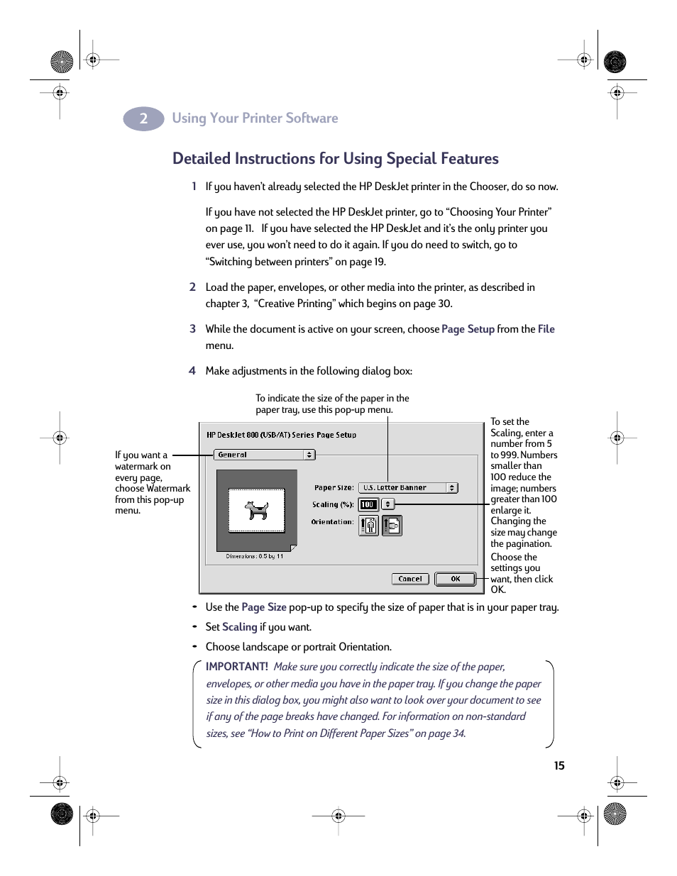 Detailed instructions for using special features, Using your printer software | HP Deskjet 832c Printer User Manual | Page 22 / 98