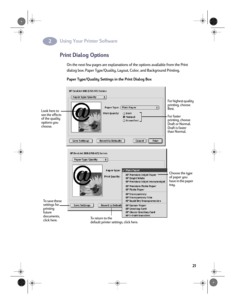 Print dialog options, Using your printer software | HP Deskjet 832c Printer User Manual | Page 28 / 98