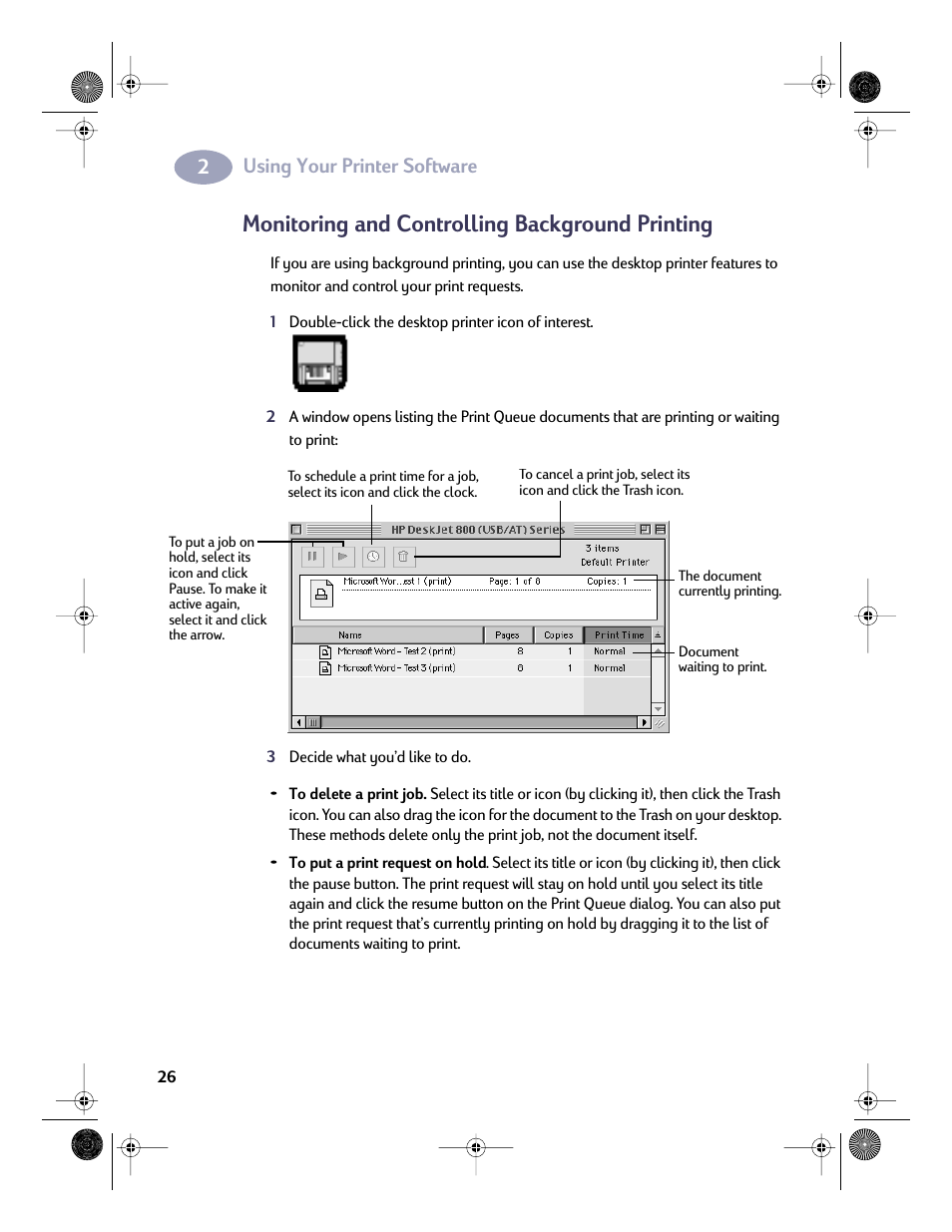 Monitoring and controlling background printing, Using your printer software | HP Deskjet 832c Printer User Manual | Page 33 / 98