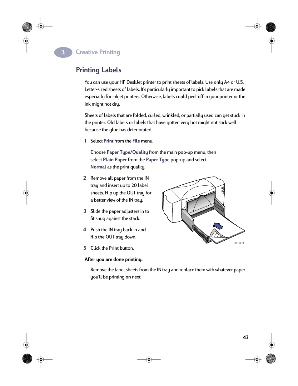 Printing labels, Creative printing | HP Deskjet 832c Printer User Manual | Page 50 / 98