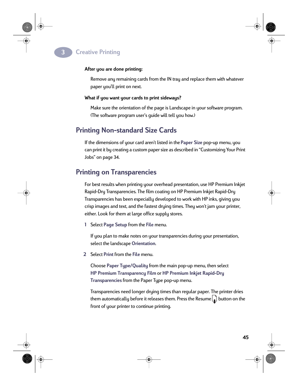Printing non-standard size cards, Printing on transparencies, Creative printing | HP Deskjet 832c Printer User Manual | Page 52 / 98