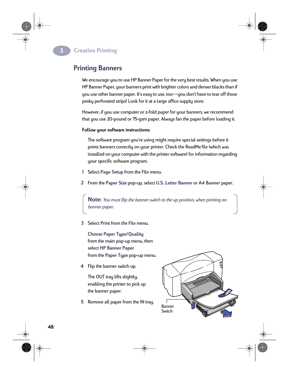 Printing banners, Creative printing | HP Deskjet 832c Printer User Manual | Page 55 / 98