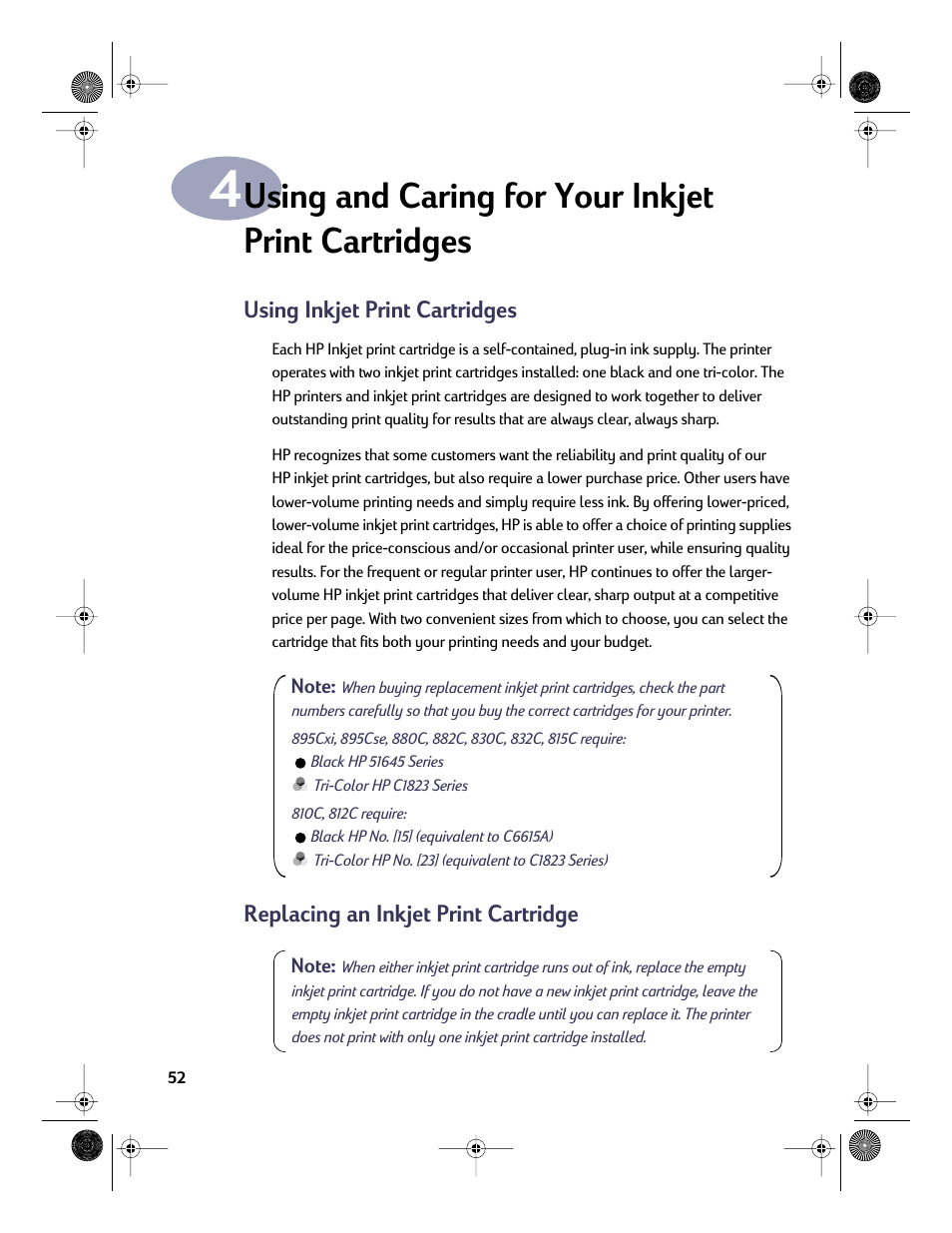 Using and caring for your inkjet print cartridges, Using inkjet print cartridges, Replacing an inkjet print cartridge | Chapter 4 | HP Deskjet 832c Printer User Manual | Page 59 / 98