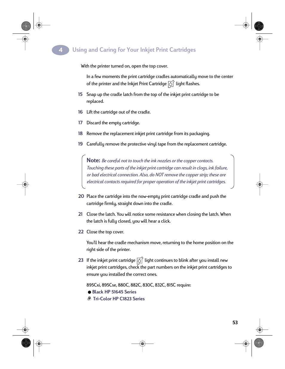 Using and caring for your inkjet print cartridges | HP Deskjet 832c Printer User Manual | Page 60 / 98