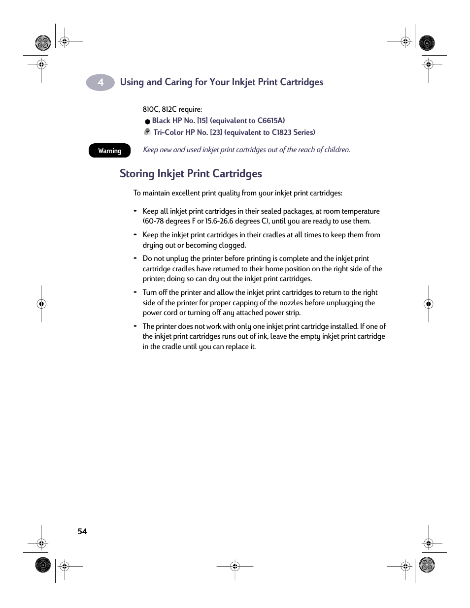 Storing inkjet print cartridges | HP Deskjet 832c Printer User Manual | Page 61 / 98