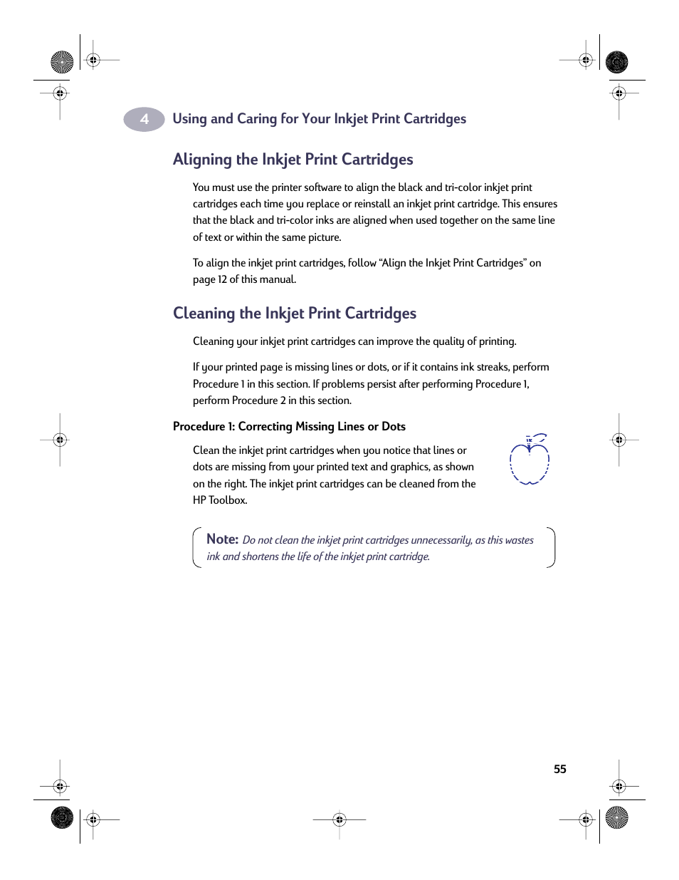 Aligning the inkjet print cartridges, Cleaning the inkjet print cartridges | HP Deskjet 832c Printer User Manual | Page 62 / 98