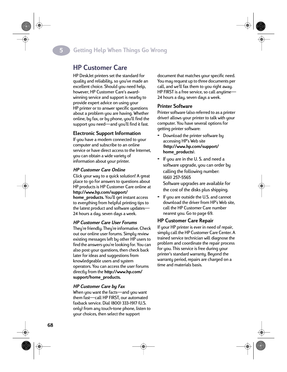 Hp customer care, Getting help when things go wrong | HP Deskjet 832c Printer User Manual | Page 75 / 98