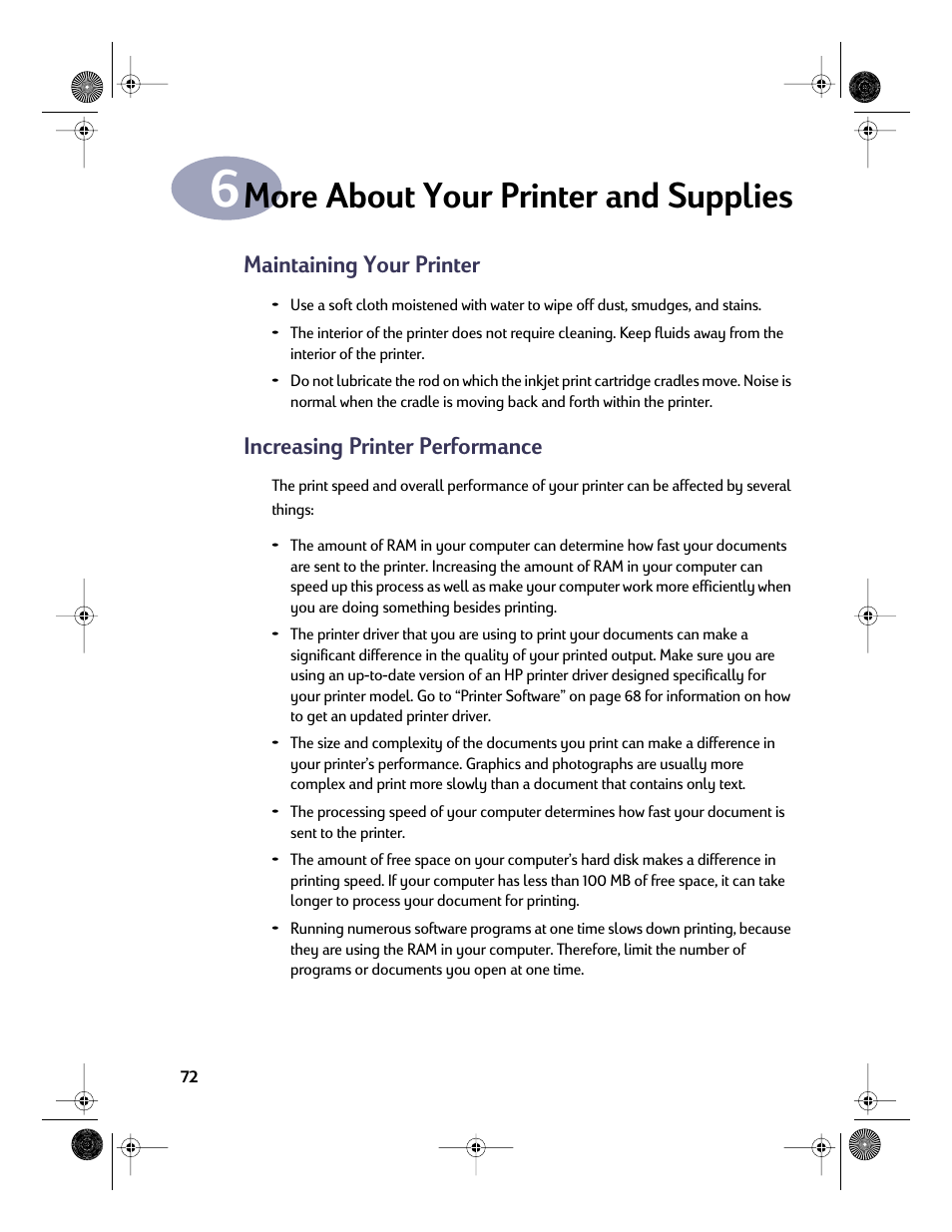 More about your printer and supplies, Maintaining your printer, Increasing printer performance | Chapter 6 | HP Deskjet 832c Printer User Manual | Page 79 / 98