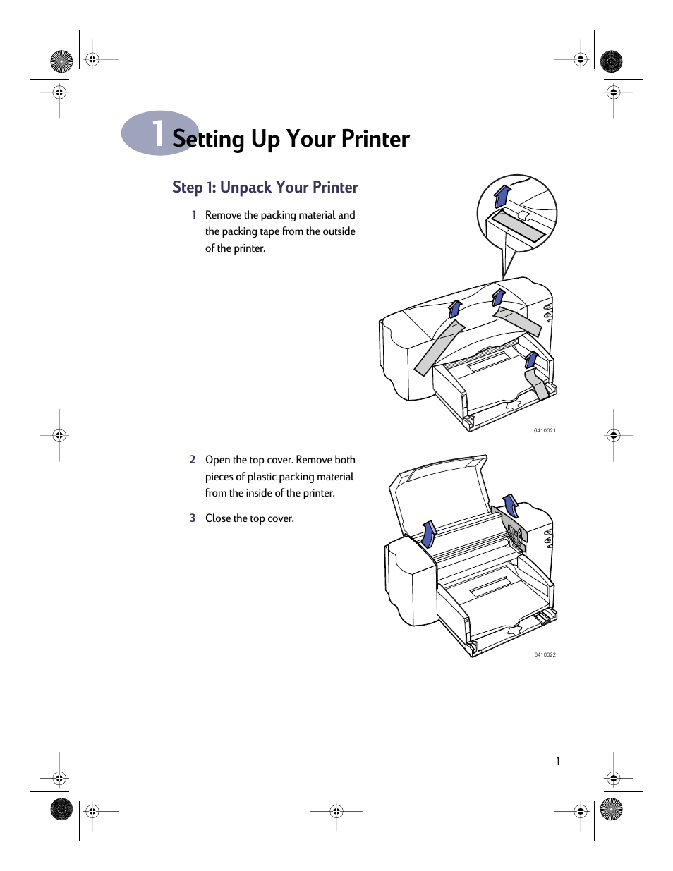 Setting up your printer, Step 1: unpack your printer, Chapter 1 | Step: 1 unpack your printer | HP Deskjet 832c Printer User Manual | Page 8 / 98