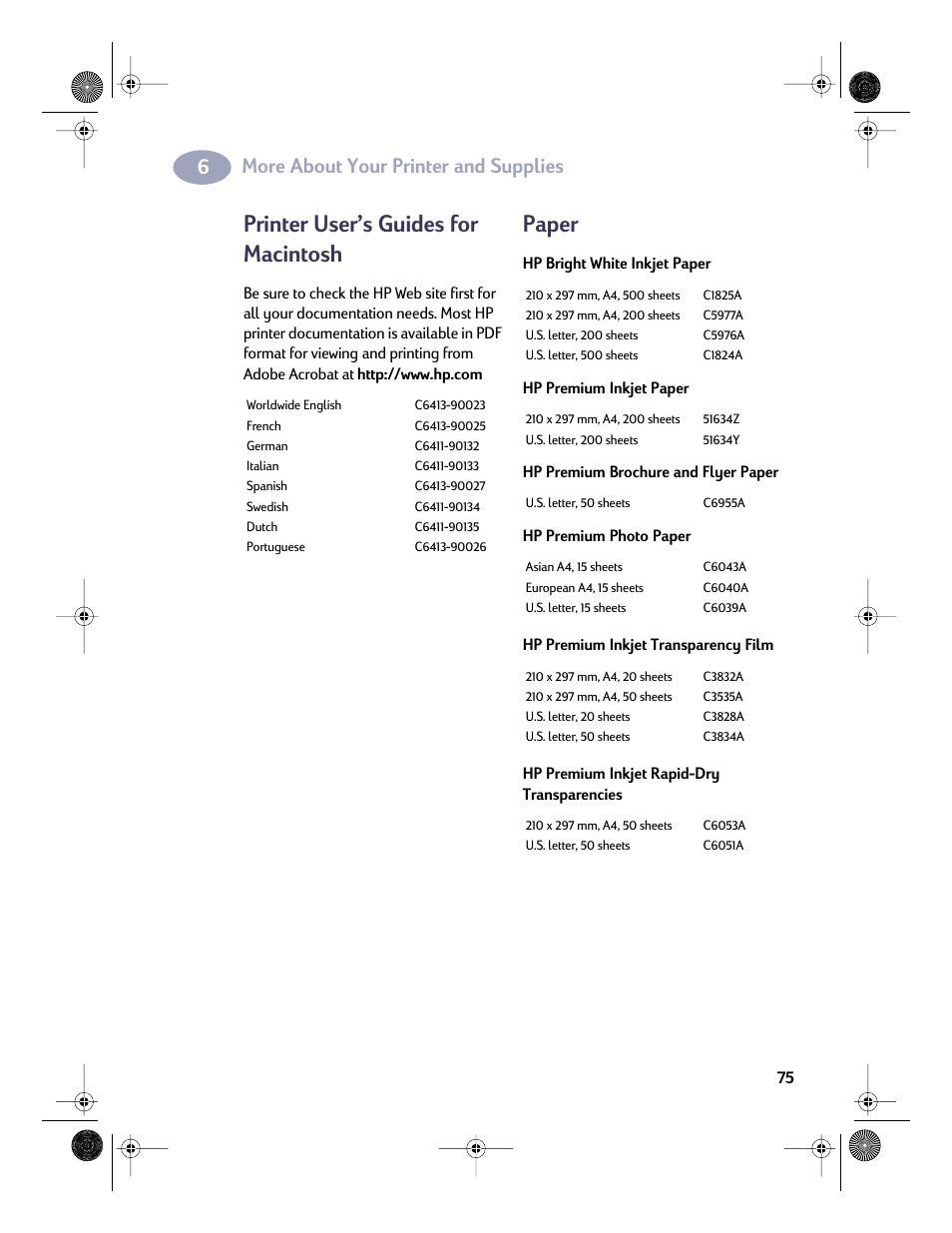 Printer user’s guides for macintosh, Paper, Printer user’s guides for macintosh paper | More about your printer and supplies | HP Deskjet 832c Printer User Manual | Page 82 / 98