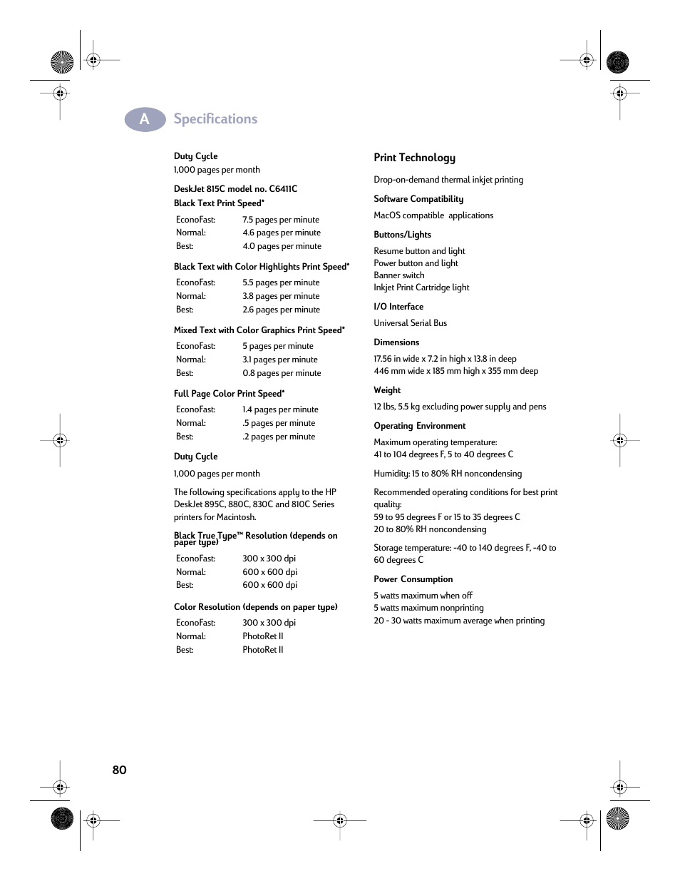 Specifications | HP Deskjet 832c Printer User Manual | Page 87 / 98