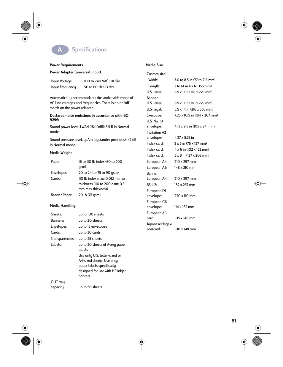 Specifications | HP Deskjet 832c Printer User Manual | Page 88 / 98