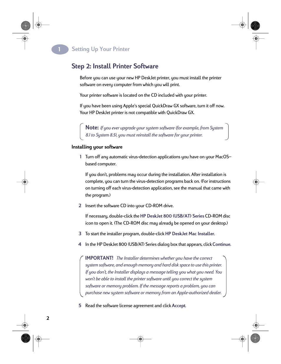 Step 2: install printer software, Step: 2 install printer software | HP Deskjet 832c Printer User Manual | Page 9 / 98