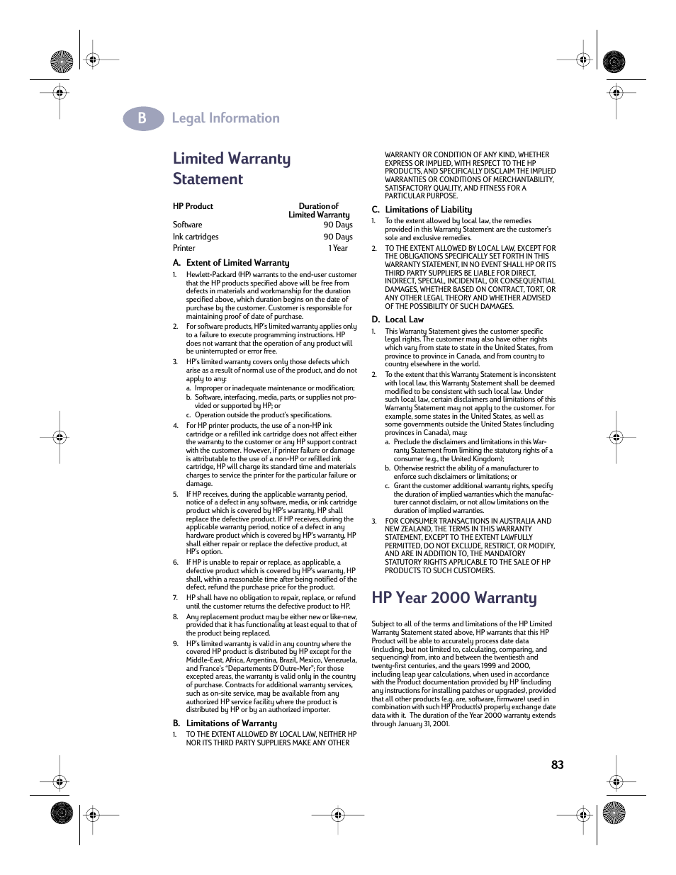 Limited warranty statement, Hp year 2000 warranty, Limited warranty statement hp year 2000 warranty | Legal information | HP Deskjet 832c Printer User Manual | Page 90 / 98